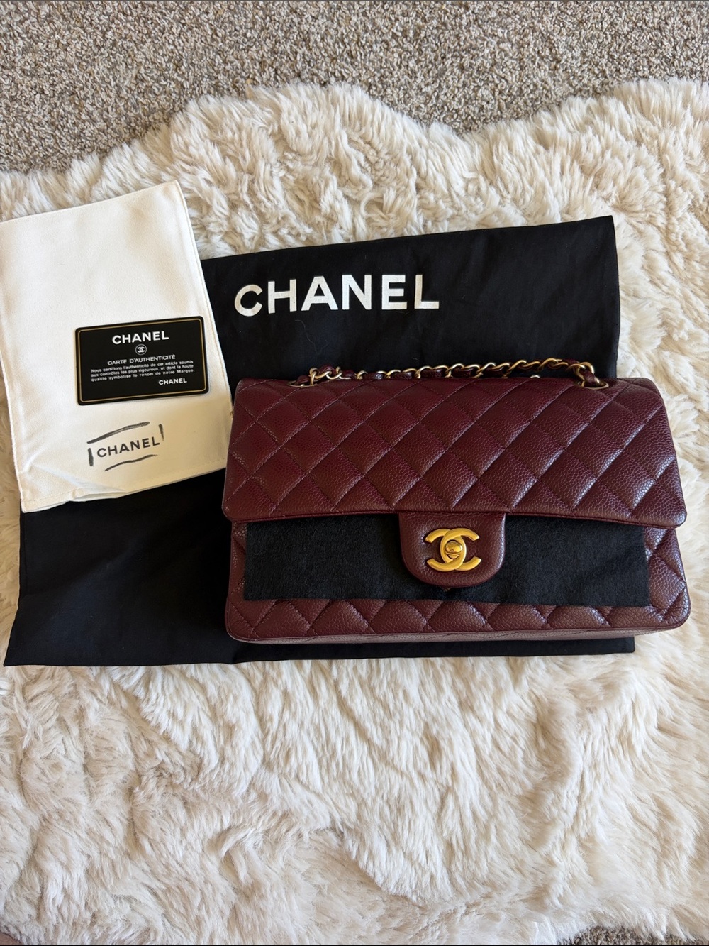 CHANEL Quilted Medium Caviar Bag in Burgundy with Brushed Gold Hardware